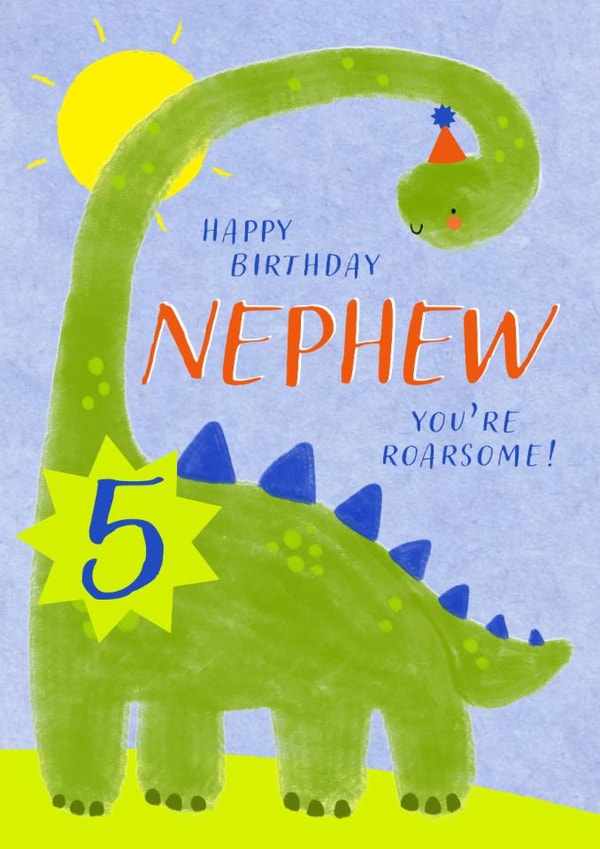 Cute Birthday Card - 5th - Awesome Nephew - Dinosaur created by Juniper and Rose Studio