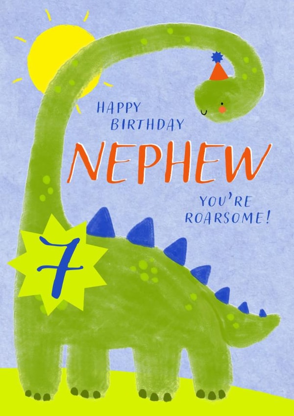 Cute Birthday Card - 7th - Awesome Nephew - Dinosaur created by Juniper and Rose Studio