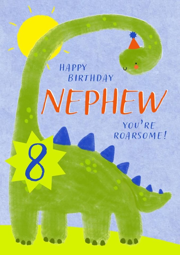 Cute Birthday Card - 8th - Awesome Nephew - Dinosaur created by Juniper and Rose Studio