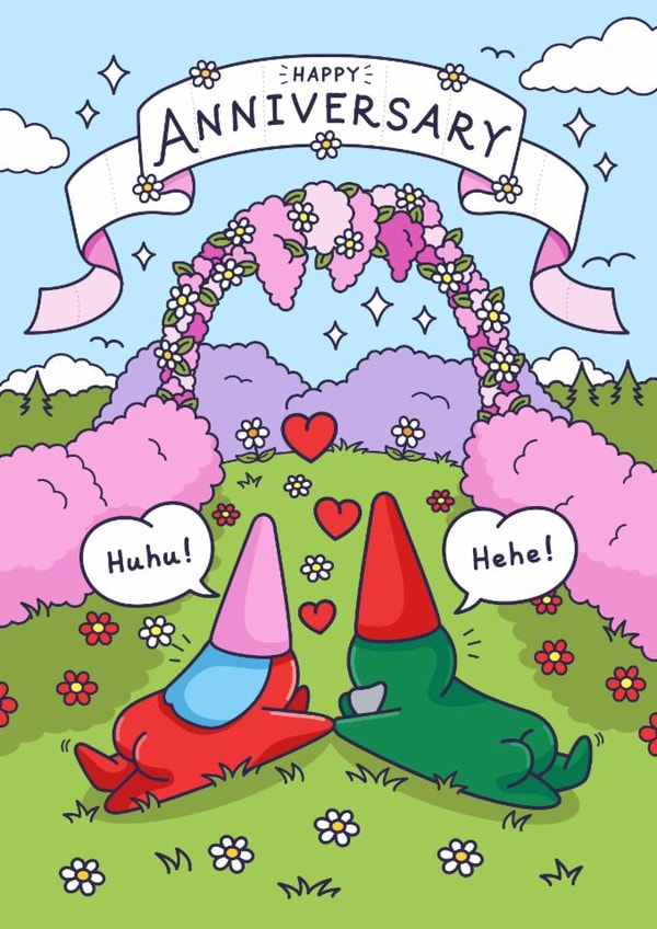 Cute Anniversary Card - Garden Gnomes In Love - Flowers created by Cheeky Legends