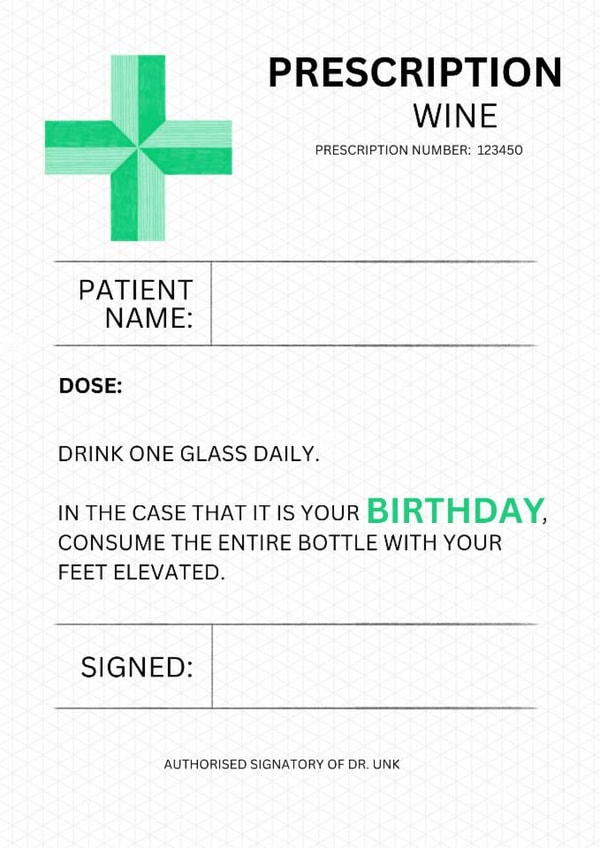 Funny Birthday Card - Wine Prescription - Drink One Glass Daily created by Sian Moore Illustration