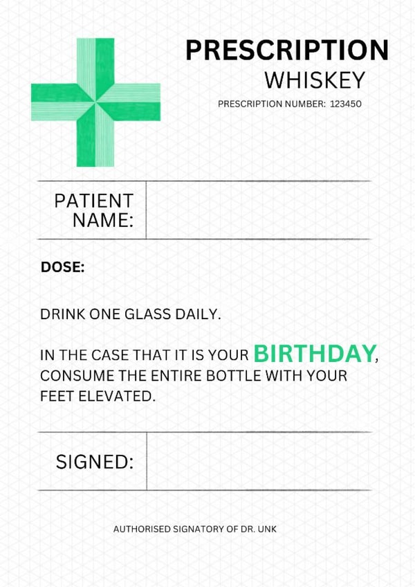 Funny Birthday Card - Whiskey Prescription - Drink One Glass Daily created by Sian Moore Illustration