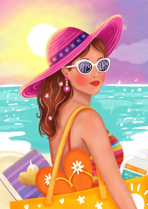 Fun Birthday Card - For Her - Summer - Beach - Sunshine created by Aniet Illustration