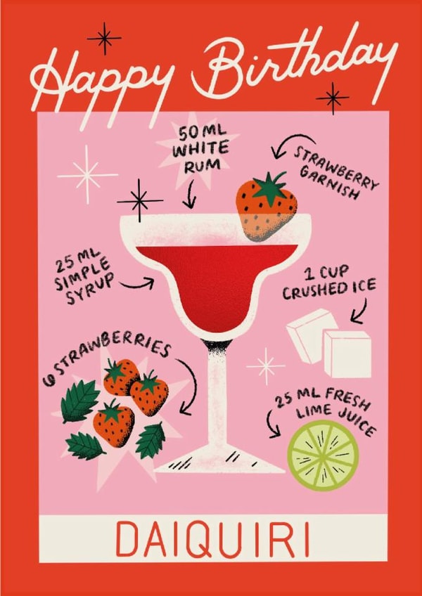 Classic Birthday Card - Strawberry Daiquiri - Cocktail Recipe created by Ricicle Cards