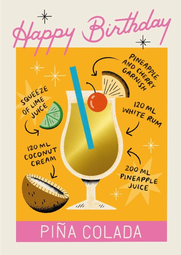 Classic Birthday Card - Piña Colada - Cocktail Recipe created by Ricicle Cards