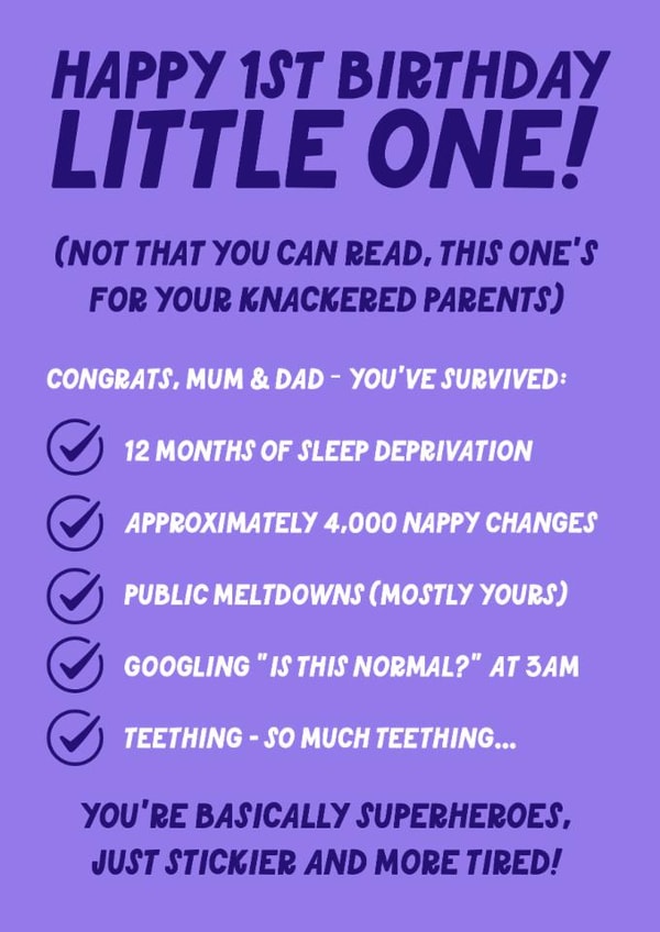 Funny 1st Birthday Card - For Parents - Tired New Parents created by Blush & Blossom