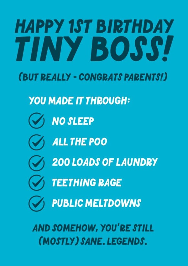 Funny 1st Birthday Card - For Parents - Tiny Boss created by Blush & Blossom 