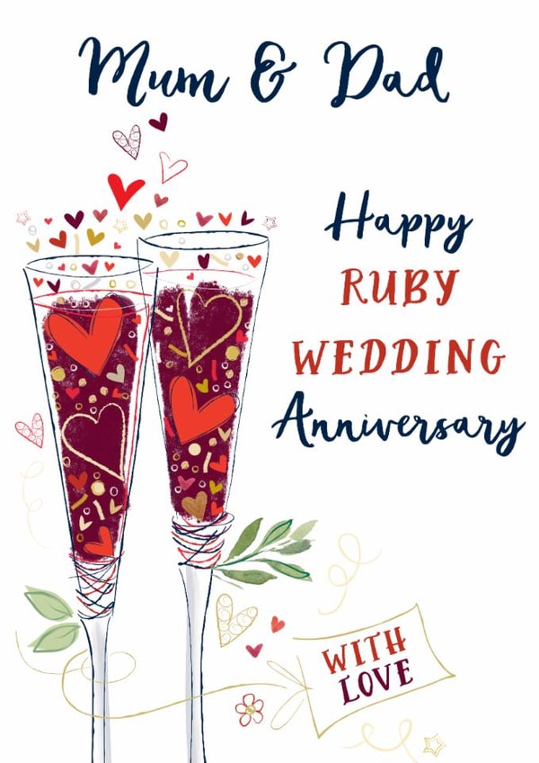 Traditional 40th Anniversary Card - For Mum & Dad - Wine Flutes created by Katie Phythian Design