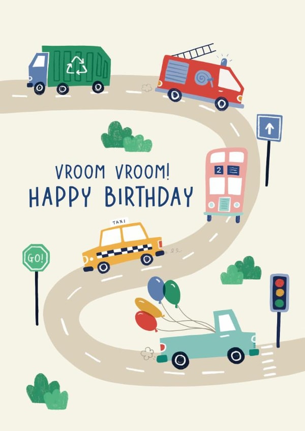 Cute Birthday Card - Vehicles - Vroom Vroom created by Kimberley Rose Studio