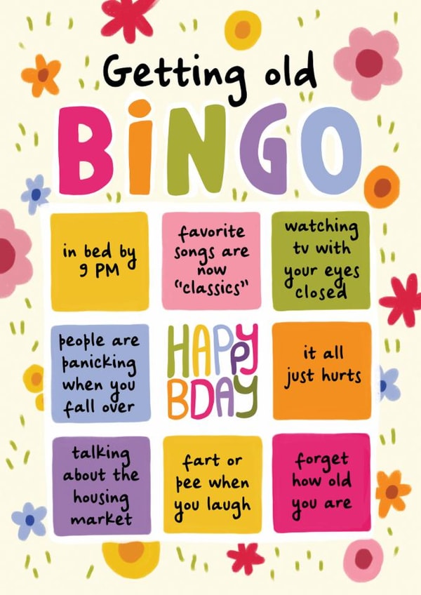 Funny Birthday Card - For Her - Getting Old Bingo Game Card created by Aniet Illustration