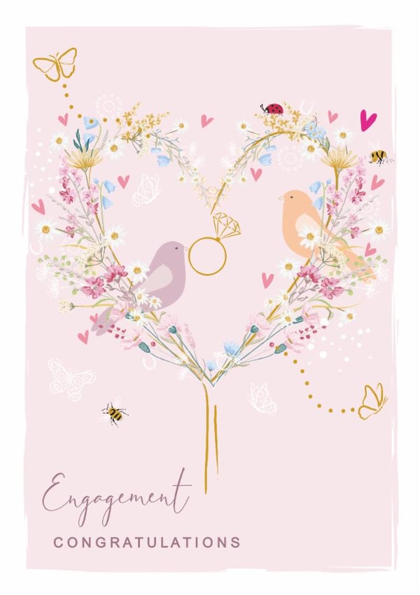Classic Engagement Card - Cute Floral Love Heart Tree - Bees and Bird with Engagement Ring created by SABIVO Design by Sabina