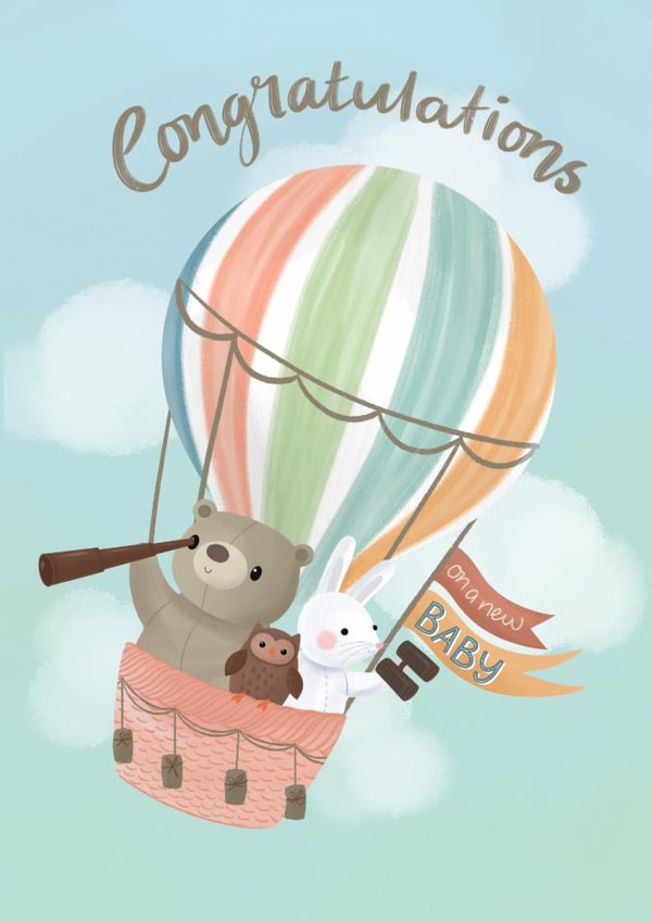 Cute New Baby Card - Hot Air Balloon - Animals | thortful