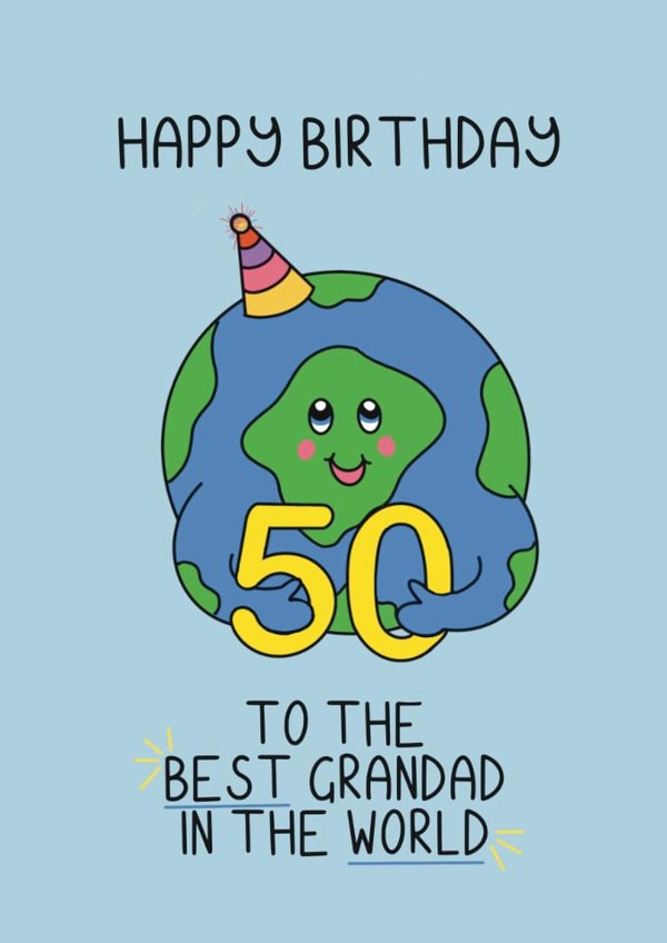 Cute 50th Birthday Card - For Grandad - World created by Schnauzer Scribbles