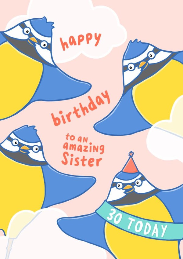 Cute 30th Birthday Card - For Sister - Birds - Blue Tits created by Fliss Muir