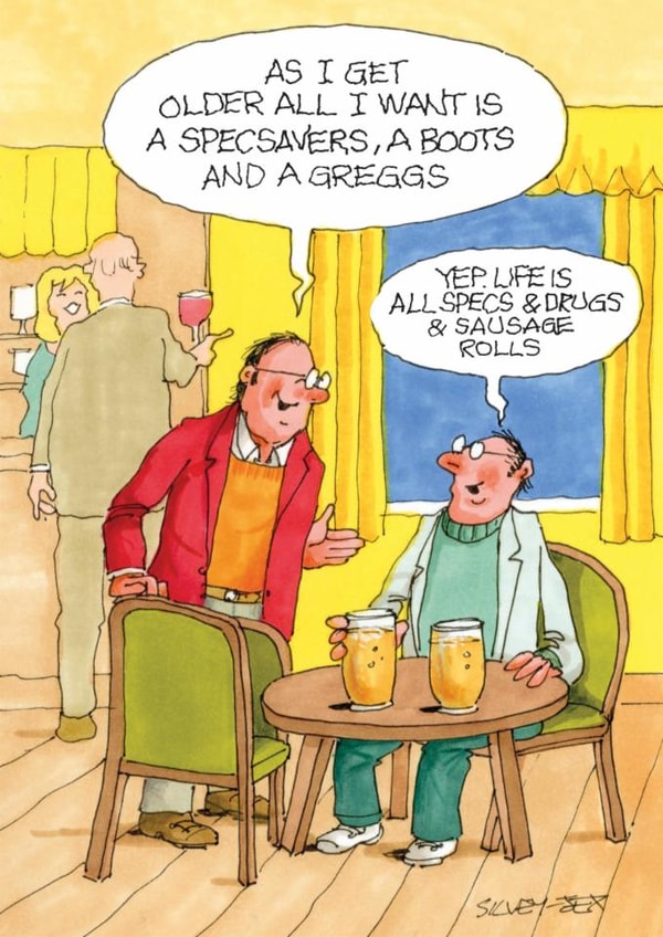 Funny Birthday Card - Old Age Joke - Specs & Drugs & Sausage Rolls created by Paperlink and Meraki Greeting Cards