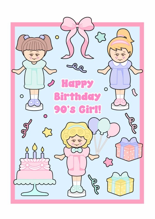 Cute Girly 90s Birthday Card. Pastel Aesthetic Birthday Party Greeting Card. created by Katy Naughton