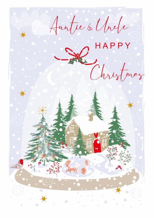 Classic Christmas Card - For Auntie and Uncle - Cute Mountain House in Snowglobe created by SABIVO Design by Sabina
