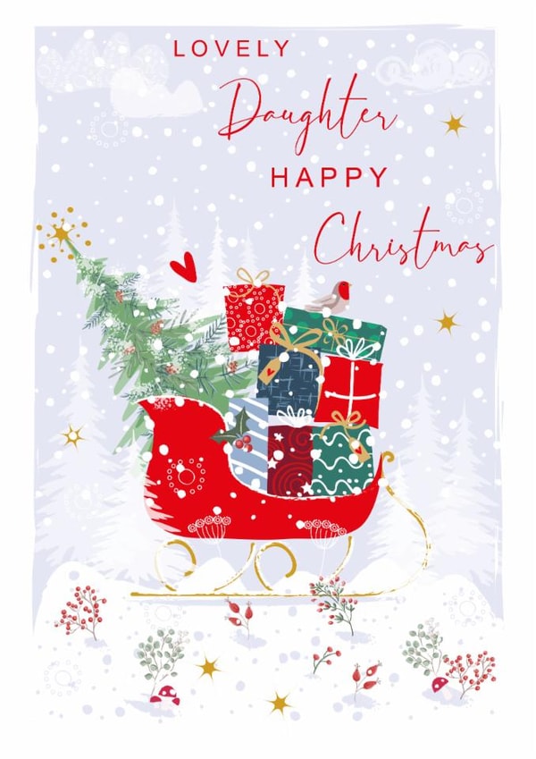 Classic Christmas Card - For Daughter - Festive Sleigh with Presents and Robin created by SABIVO Design by Sabina