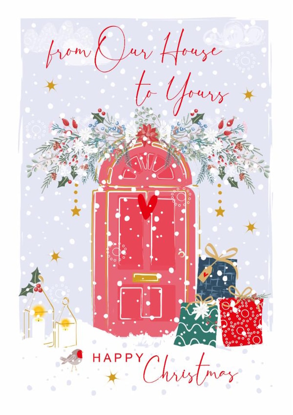 Classic Christmas Card - From Our House to Yours - Red Door Robin and Presents created by SABIVO Design by Sabina