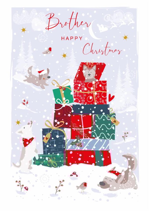 Cute Christmas Card - For Brother - Stack of Presents with Playful Dogs and Robin created by SABIVO Design by Sabina