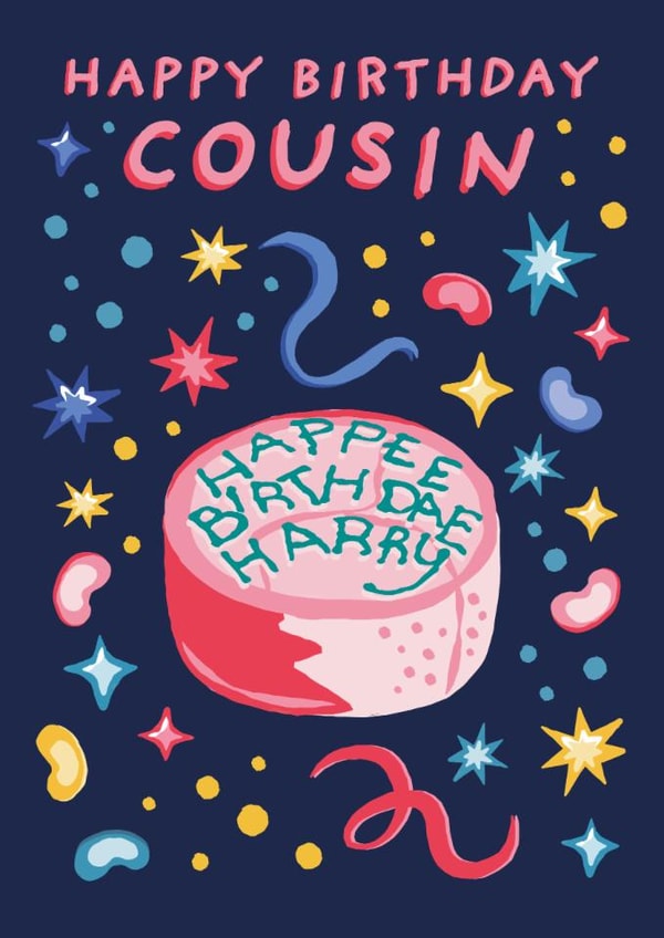 Funny Birthday Card - Harry Potter - For Cousin - Hagrid Birthday Cake 'Happee Birthday Harry' created by Cardology