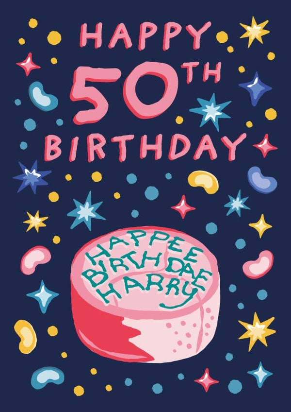 Funny 50th Birthday Card - Harry Potter - Hagrid Birthday Cake 'Happee Birthday Harry' created by Cardology