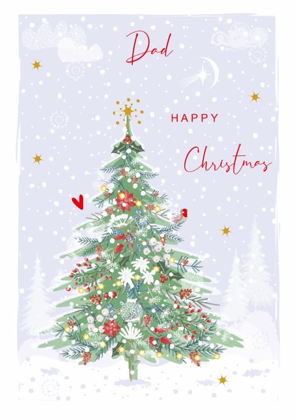 Classic Christmas Tree Card - For Dad - Red Berries Winter Flowers and Robin created by SABIVO Design by Sabina