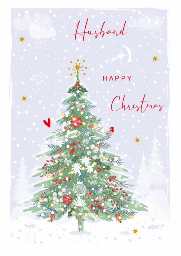 Classic Christmas Tree Card - For Husband - Red Berries Winter Flowers and Robin created by SABIVO Design by Sabina