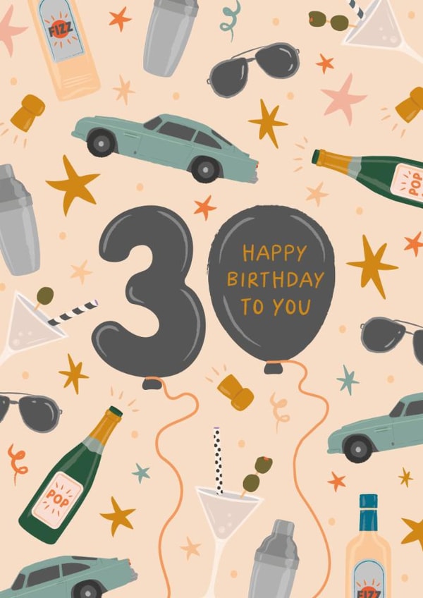 Classic 30th Birthday Card - For Him - James Bond Themed created by The Pattern Press