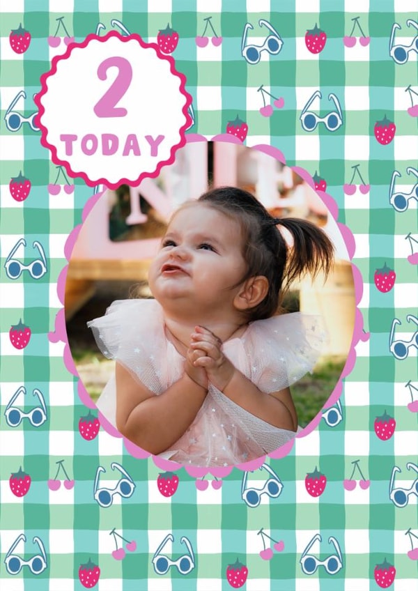 2 Today! Happy 2nd Birthday gingham photo card with strawberries and cherries created by Soph AC Studio
