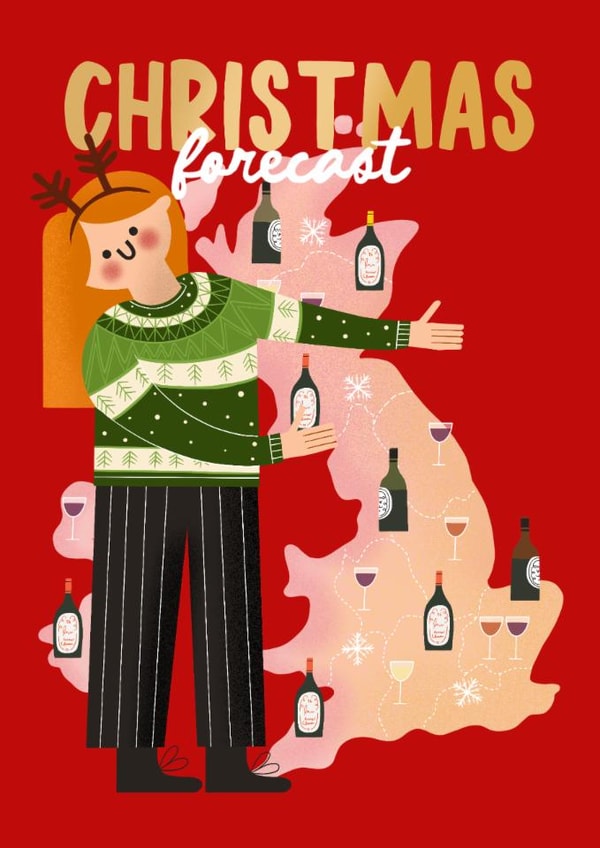 Funny Christmas Card - Christmas Forecast - Bottles & Glasses Of Wine created by AbiGoLucky