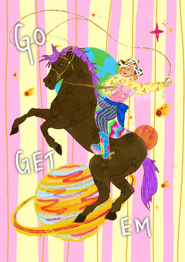 Good Luck Card Funny Cosmic Cowboy “Go Get Em” Encouragement for Friend created by Rachel Rennie