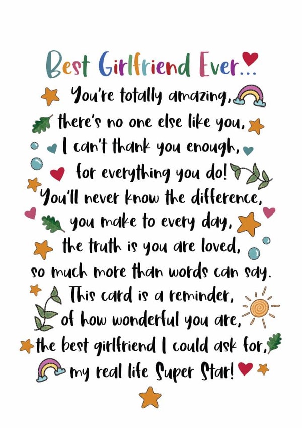 Heartfelt Anniversary/Valentine's Day Card - Best Girlfriend Ever - Poem created by And You Can Quote Me