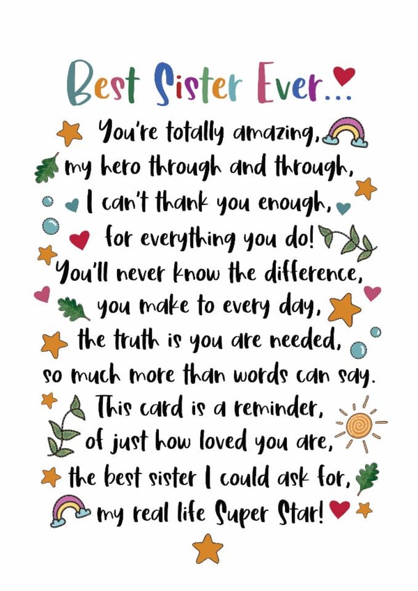 Heartfelt Thank You Card - Best Sister Ever - Poem created by And You Can Quote Me