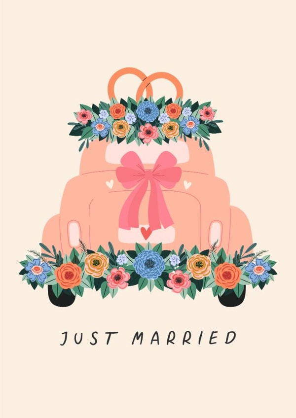 Pretty Wedding Card - Just Married - Flower Car created by Sad Girl Illustration