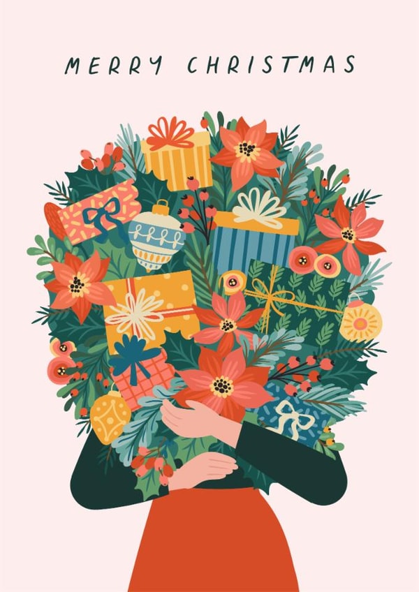 Classic Christmas Card - Festive Gifts - Poinsettia Illustration created by Sad Girl Illustration