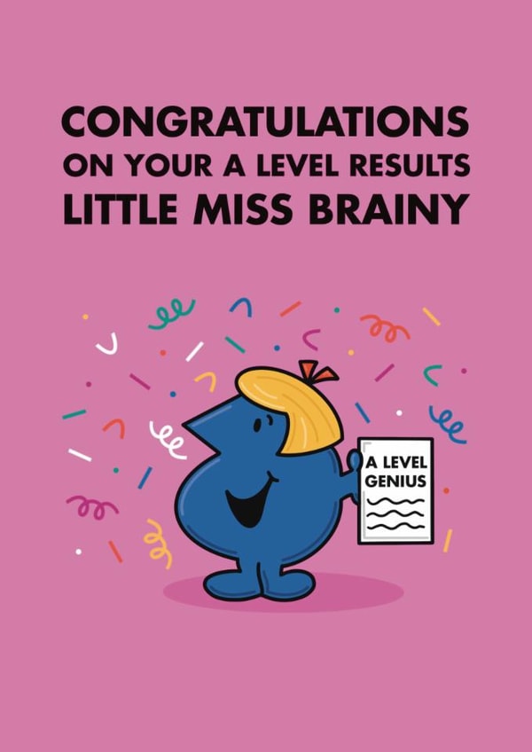 Cute Congratulations Card - Little Miss Brainy - A Level Results created by Mr. Men