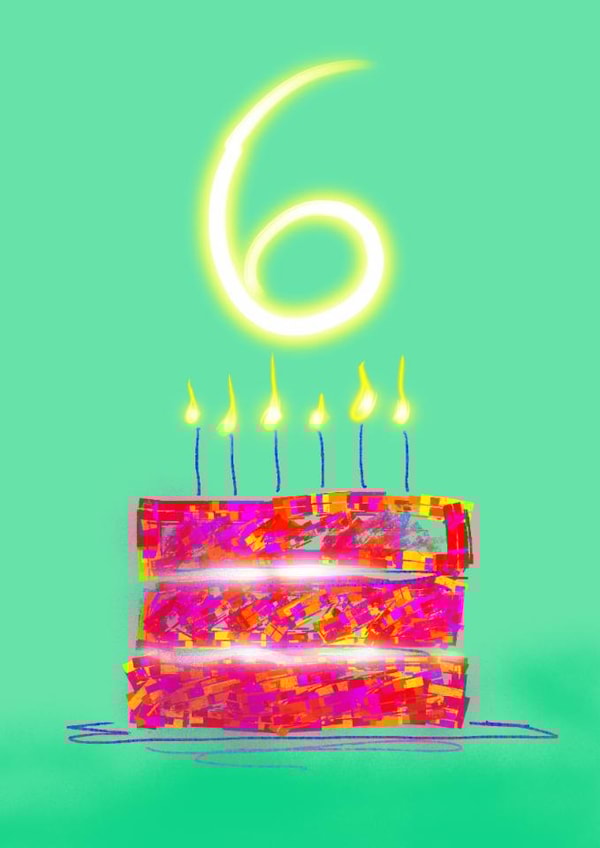 Bright and colourful 6th birthday card with pretty birthday cake drawing created by Winifred & The Wolf