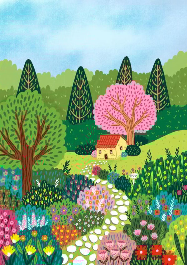 Pretty Illustrated Garden Card - Colourful Garden - Blank Art Card created by Pear Tree Press