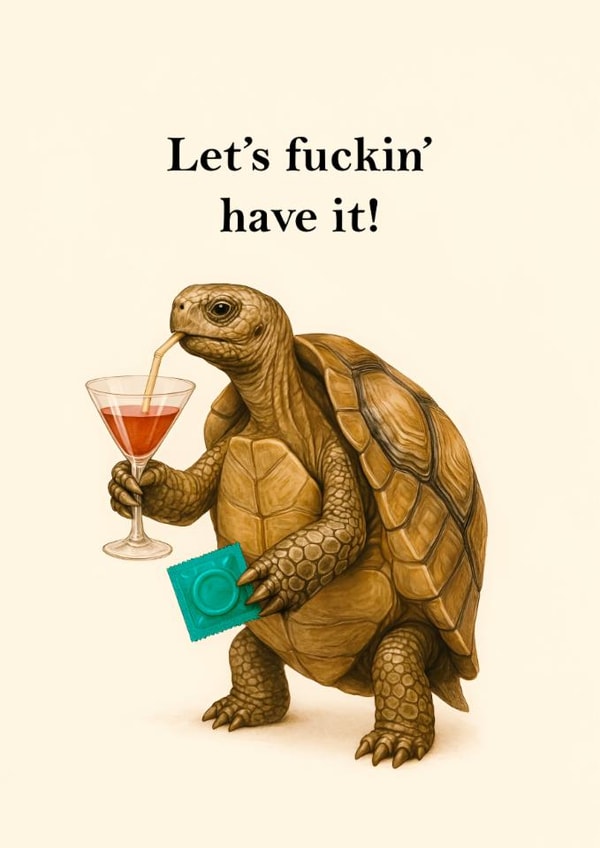 Funny Rude Birthday Card – Tortoise with Cocktail & Condom - Adult Humour created by FUNTZ