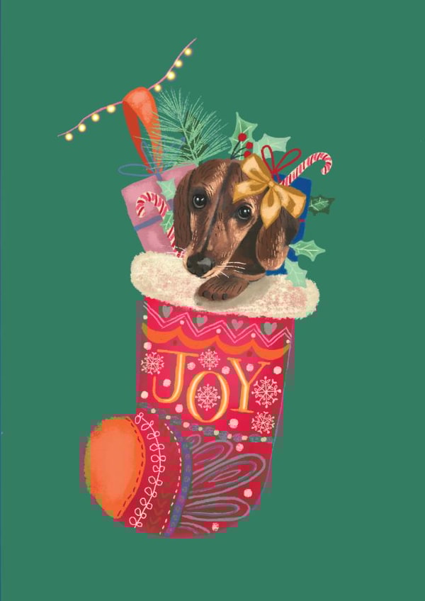 Cute Christmas Card - Joy - Dachshund - Stocking created by Lara Waghorn