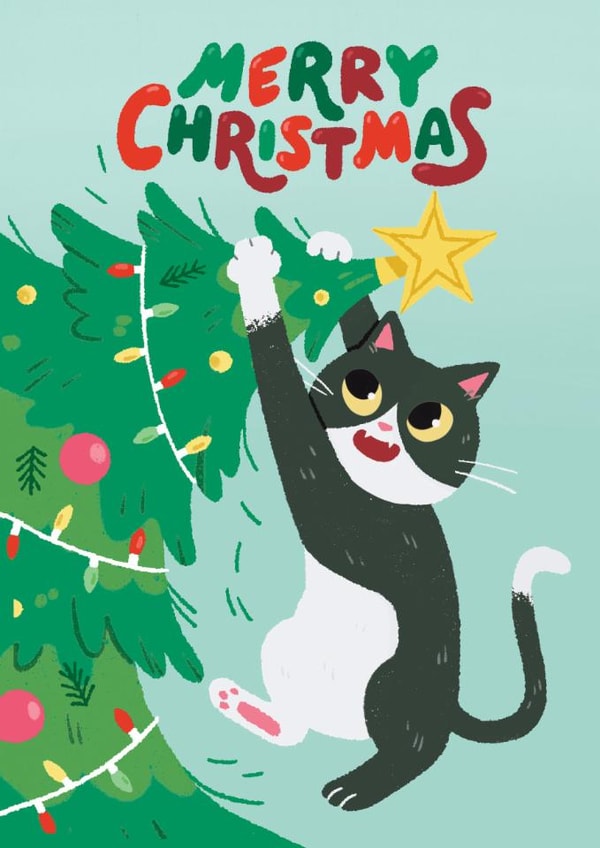 Funny Cat and Christmas Tree Christmas Card | thortful