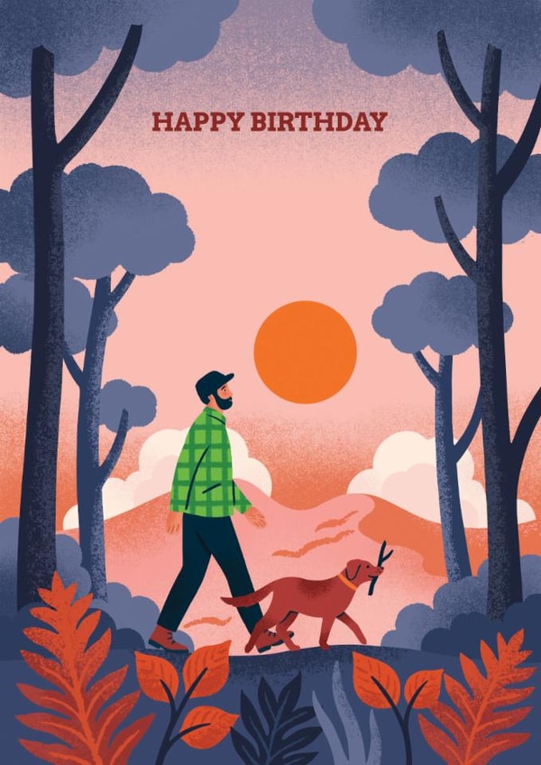Man and dog birthday card - Classic - Mountain  sunset walk created by Stormy Knight