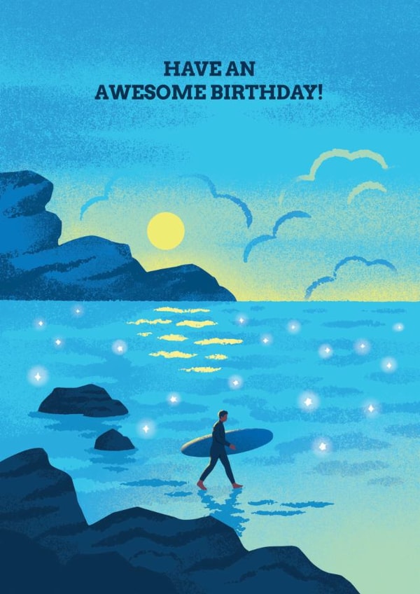 Surfer and sunrise birthday card for men - surfing created by Stormy Knight