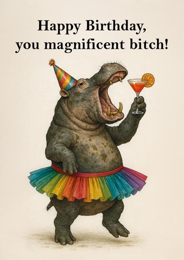 Funny Rude Birthday Card – Hippo in Rainbow Tutu with Cocktail - Adult Humour created by FUNTZ