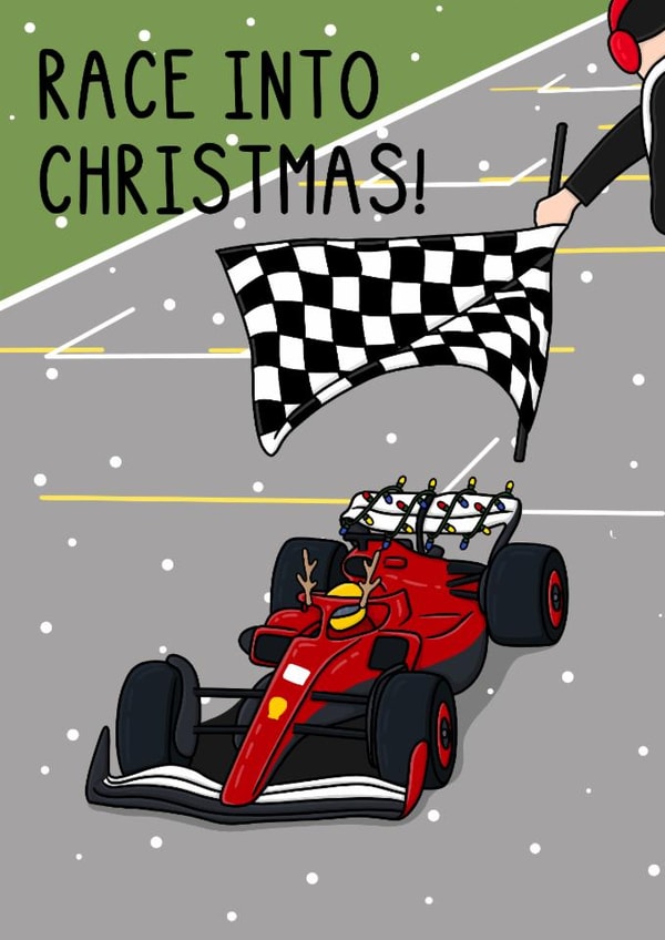 Punny Christmas Card - Race In To Christmas - Racing Car created by OhJaye