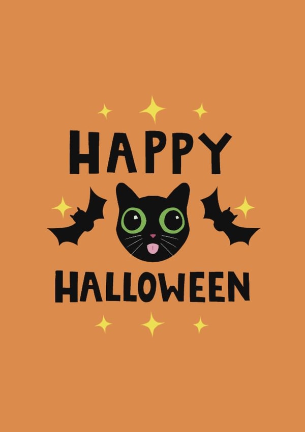 Cute Halloween card featuring a cute black cat and bats created by Pomelo Illustrations