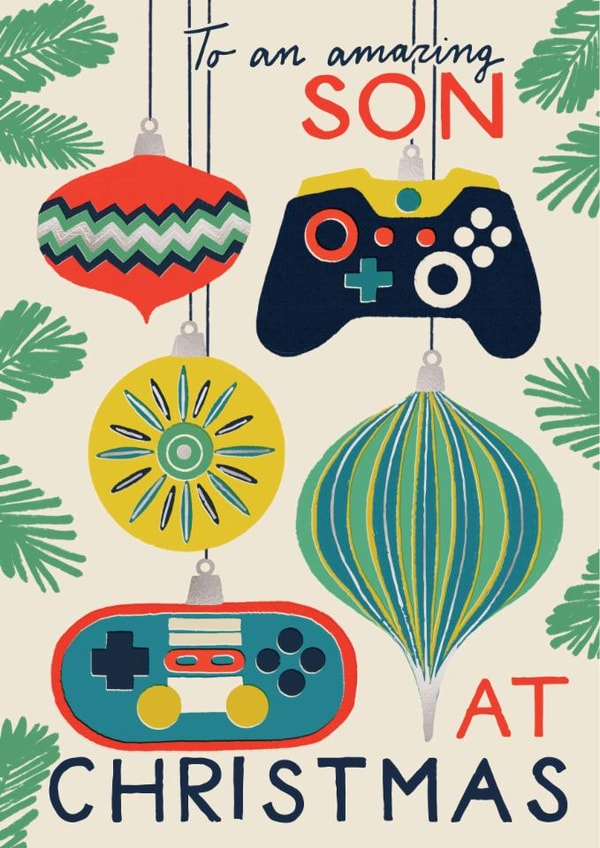 Classic Christmas Card - For Son - Gaming Controller Baubles created by Laura Darrington Design Ltd.