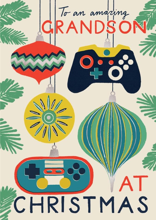 Classic Christmas Card - For Grandson - Gaming Controller Baubles created by Laura Darrington Design Ltd.