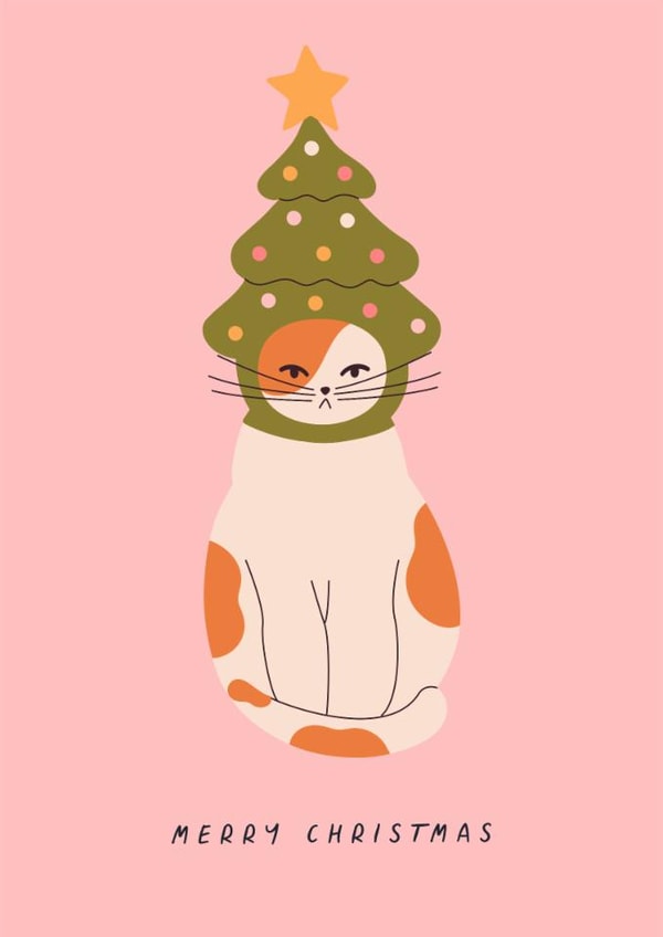 Cute Christmas Card - Grumpy Cat - Festive Tree Hat Cat created by Sad Girl Illustration